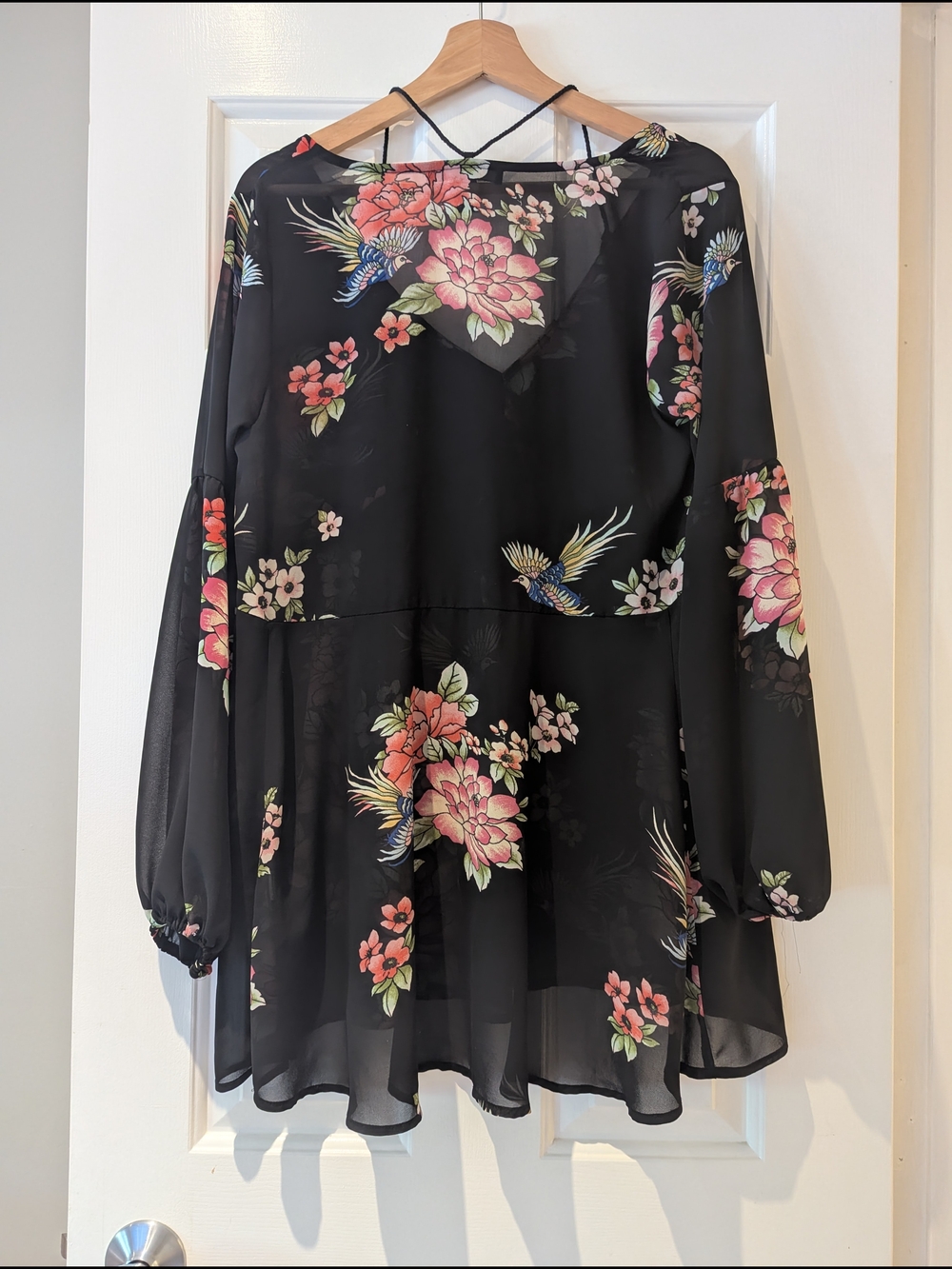 Dark Floral Babydoll Mini Dress Sheer Blouse Boho Whimsigoth Fairycore S/M/L - Picture 11 of 16